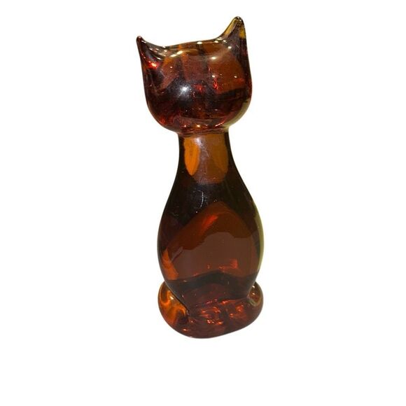 MCM 5.5" Amber Glass Cat Paperweight Figurine, Vintage, Rare Find, Elegant Decor